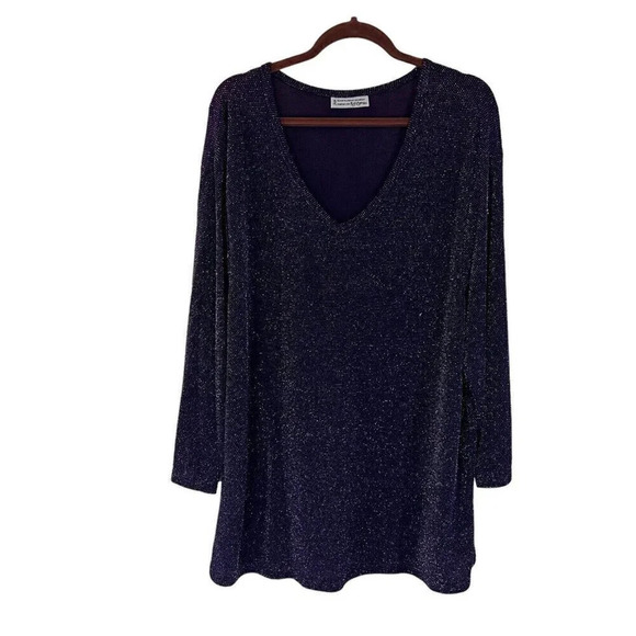Self Esteem Glitter Blouse Dark Eggplant Purple V Neck Slinky Stretch Glitzy Top - Picture 1 of 7